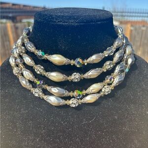 Vintage Pearl and Aurora Borealis Crystal Multi-Row Choker Necklace